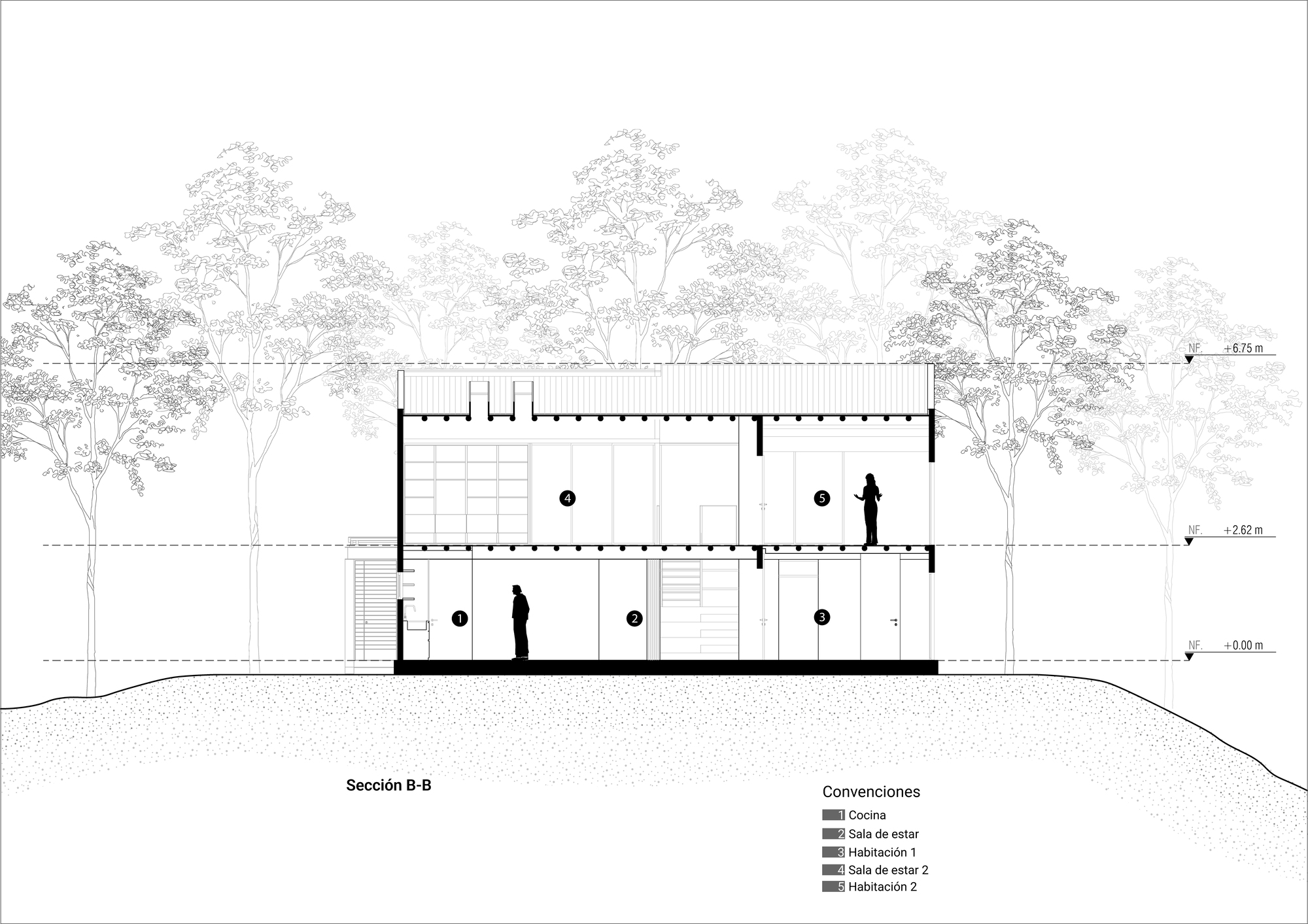 Section drawing showing a two-story building with figures and trees in the landscape beyond