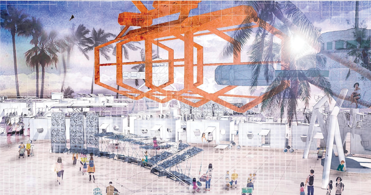 Conceptual collage illustrating mobile urban systems and adaptive architecture in a temporary city framework