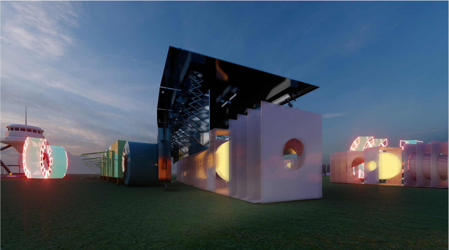 Night view of mobile architecture modules activating urban space through light, performance, and temporality