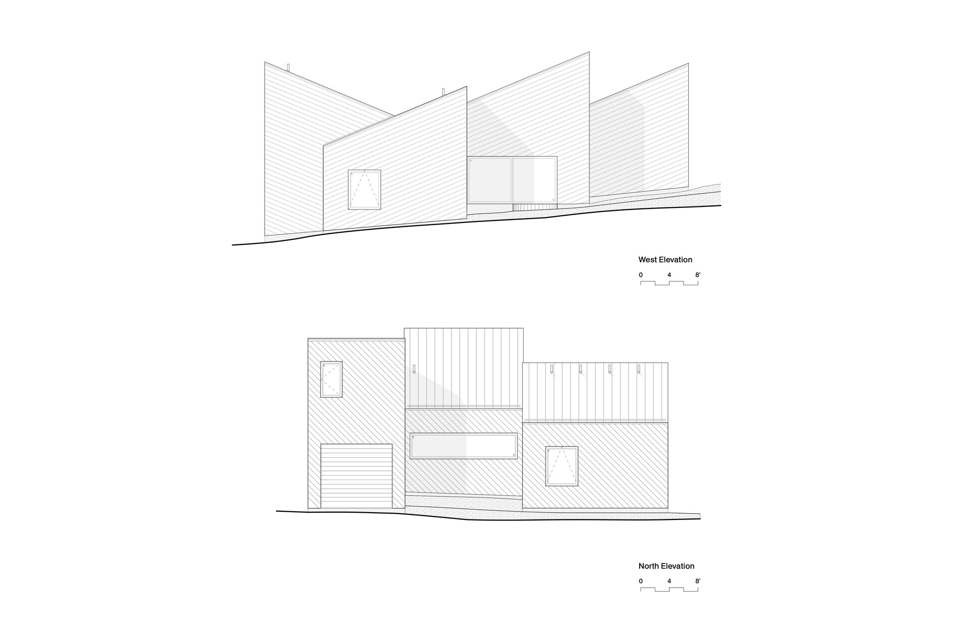West and north elevation drawings showing staggered volumes with varied cladding patterns