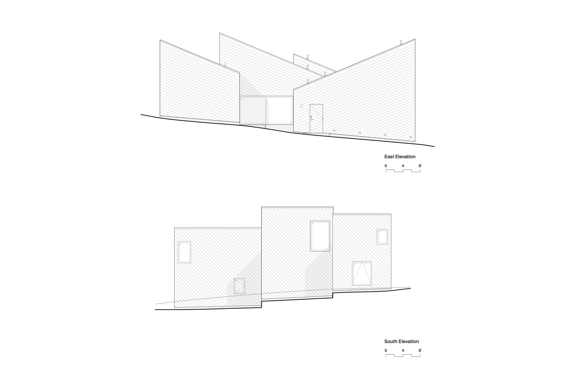 East and south elevation drawings depicting offset volumes with hatched wall surfaces