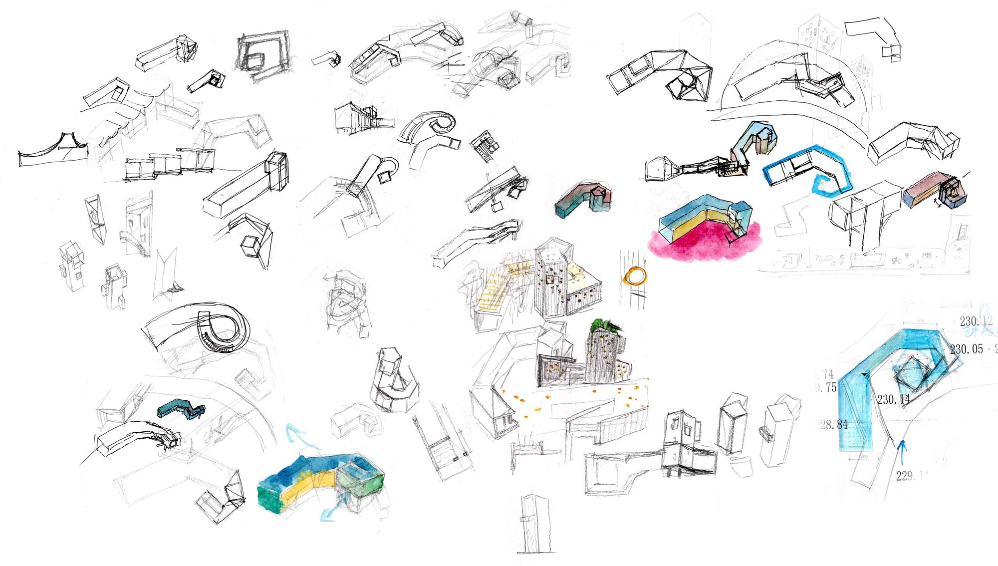 Sketch drawing collection showing conceptual design iterations with colored watercolor highlights on select volumes