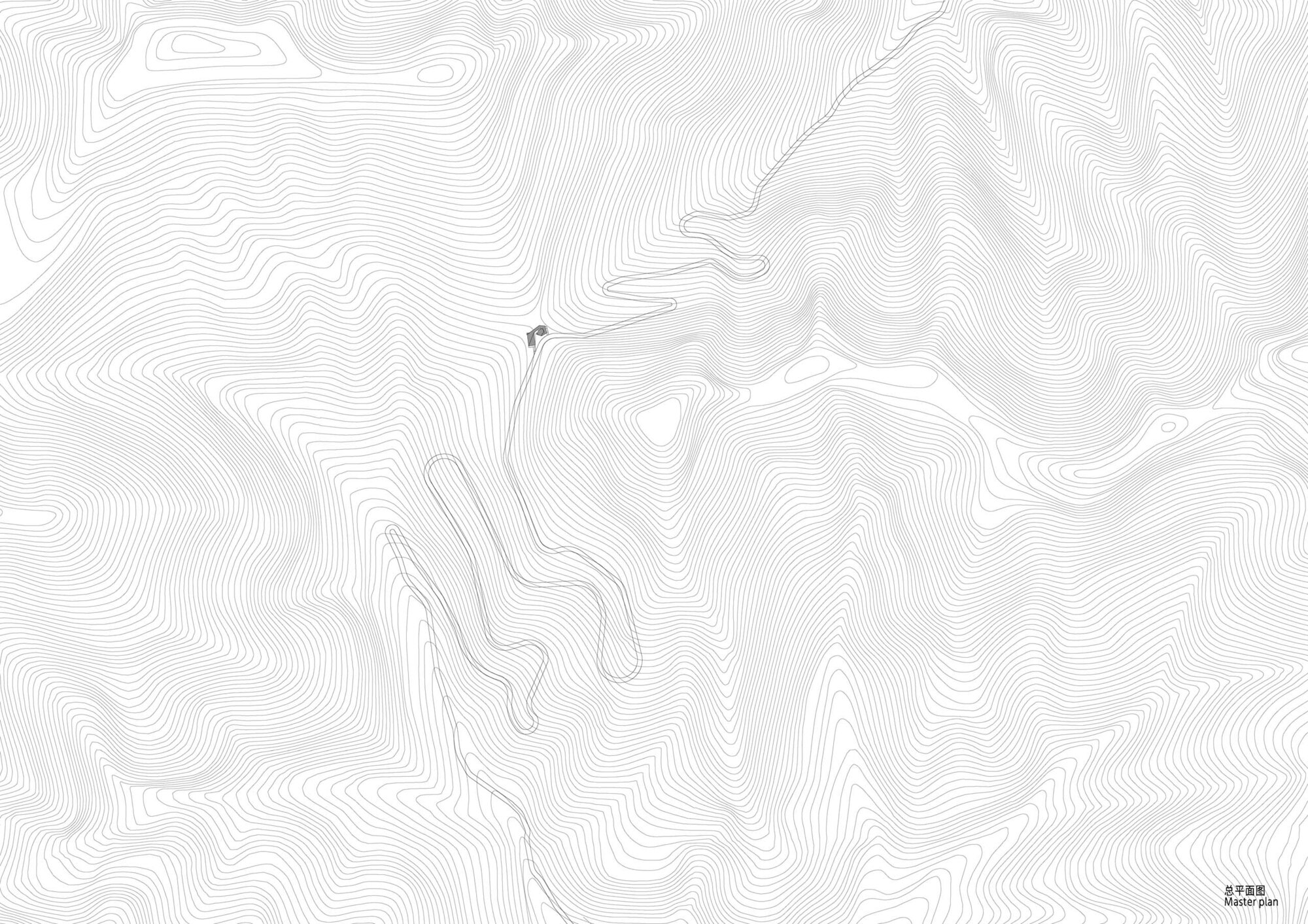 Topographic site drawing showing contour lines across mountainous terrain with building footprint indicated