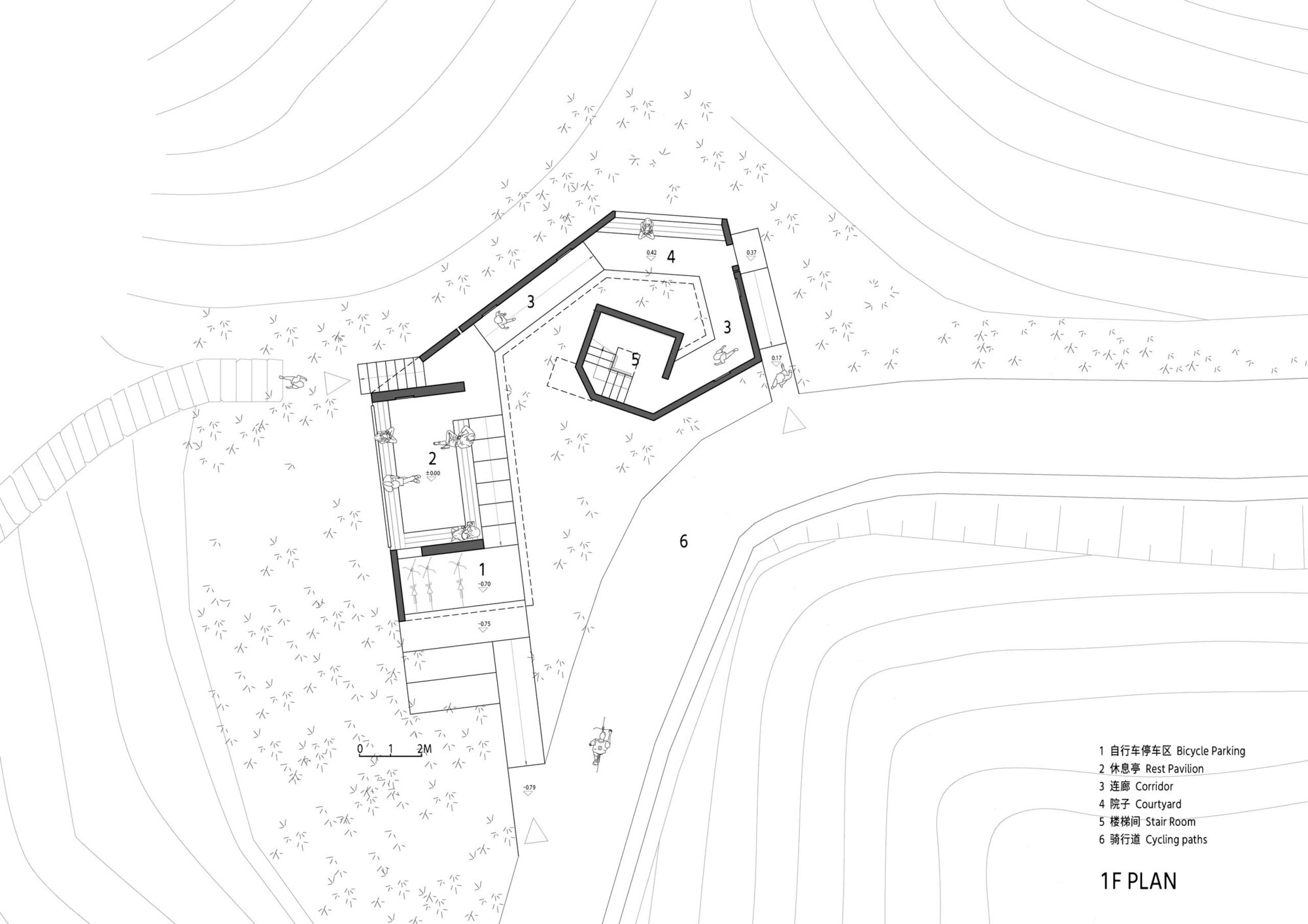 First floor plan drawing showing angled building volumes on a hillside with surrounding trees and cycling path