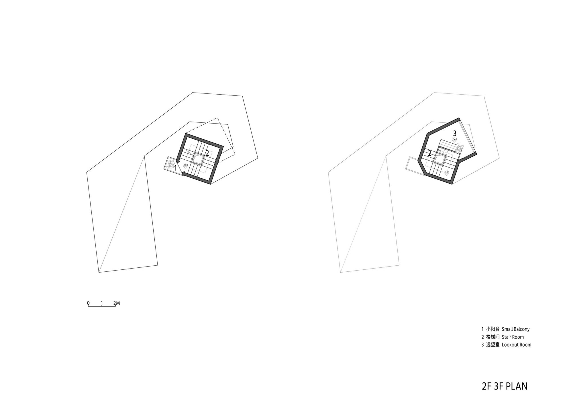 Floor plans showing a rotated square volume within angular perimeter walls at two levels