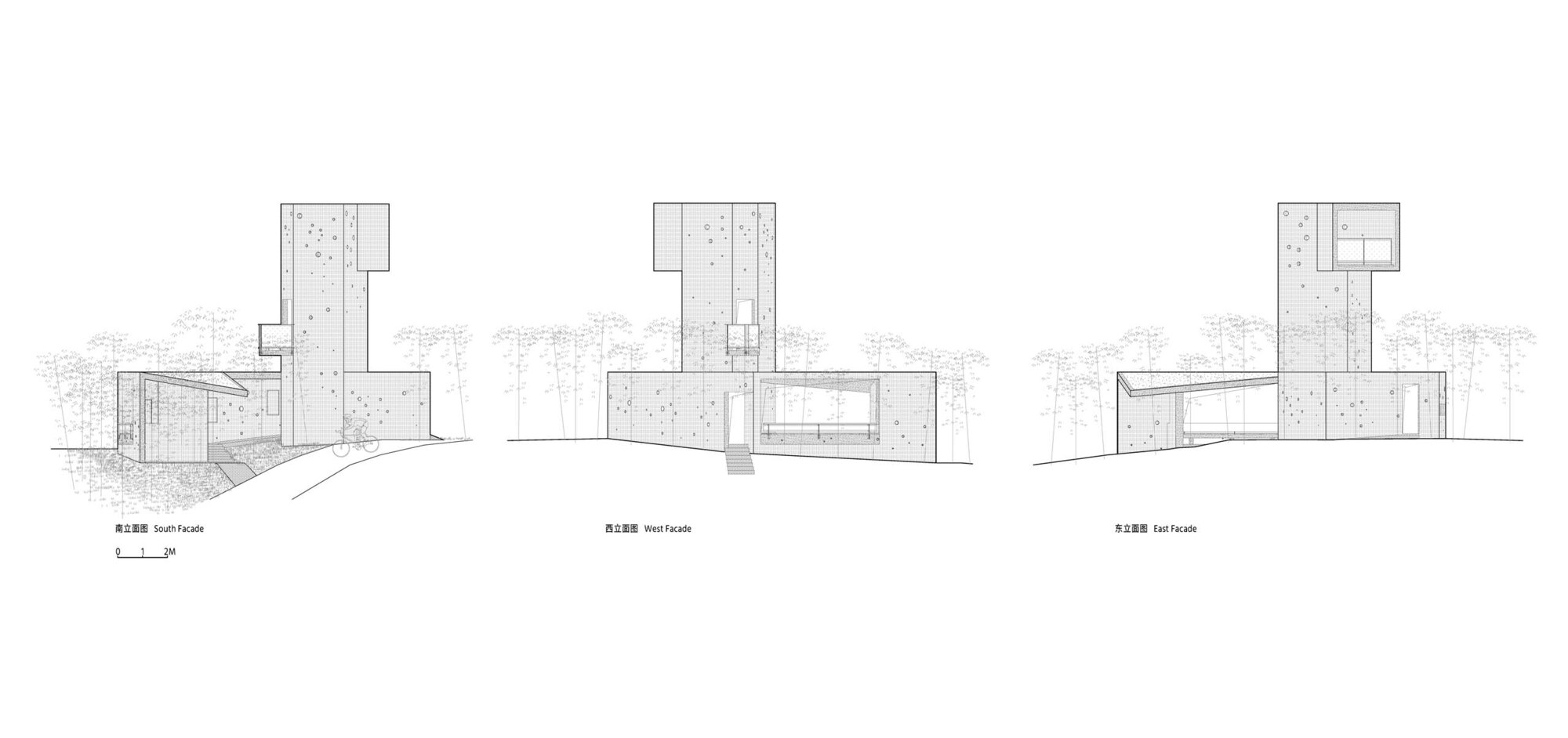 Elevation drawings depicting three facades with vertical tower elements and textured concrete walls