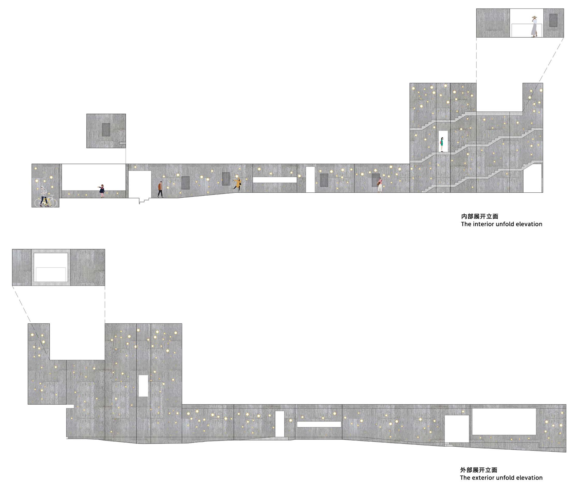 Unfolded interior and exterior elevation drawings showing concrete walls with scattered apertures and figures