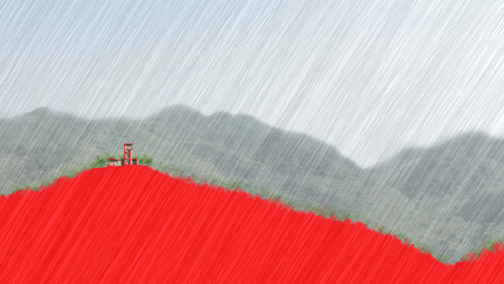 Rendered section through a hillside with a tower emerging from a bright red slope