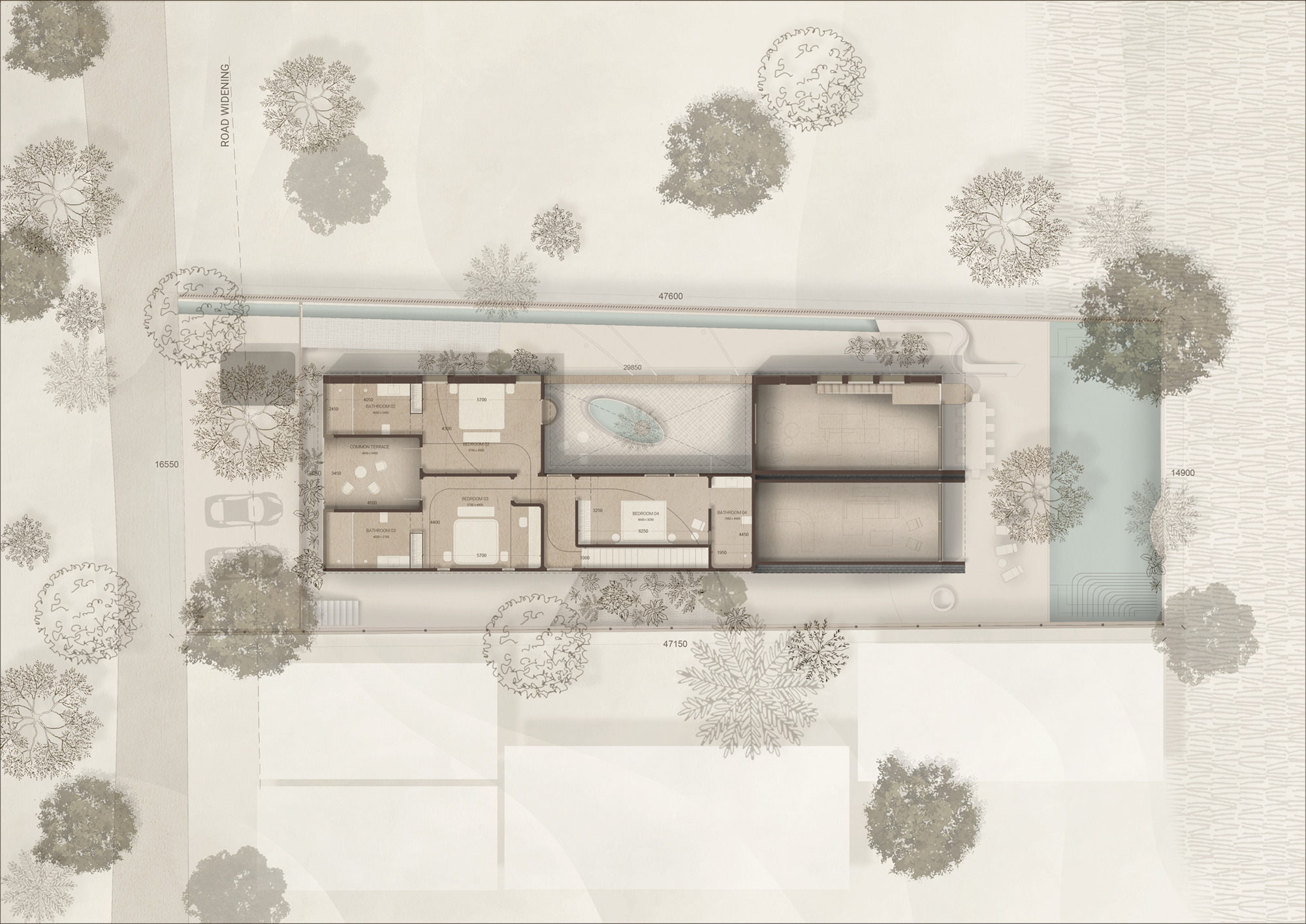 Site plan drawing showing the residence with interior pool courtyard surrounded by tree canopies and adjacent water feature