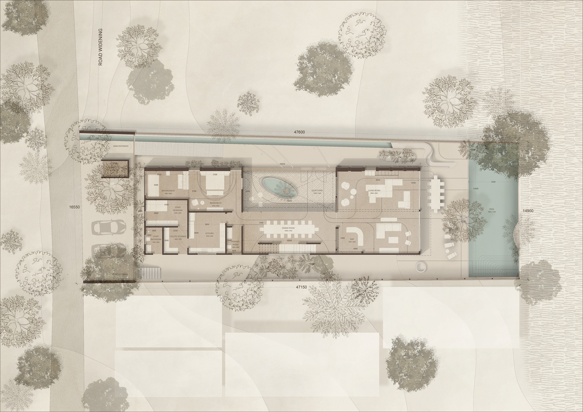 Ground floor plan drawing depicting rooms arranged around a central pool with tree-lined perimeter and waterfront edge