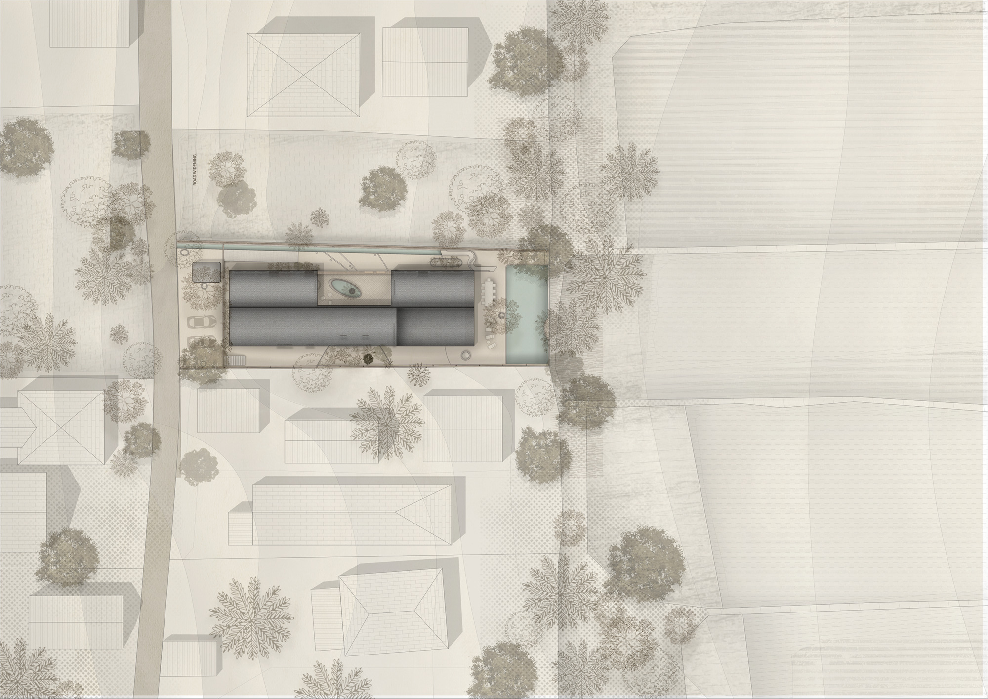Site plan drawing showing the residence nestled between neighboring structures with trees and landscaped courtyard