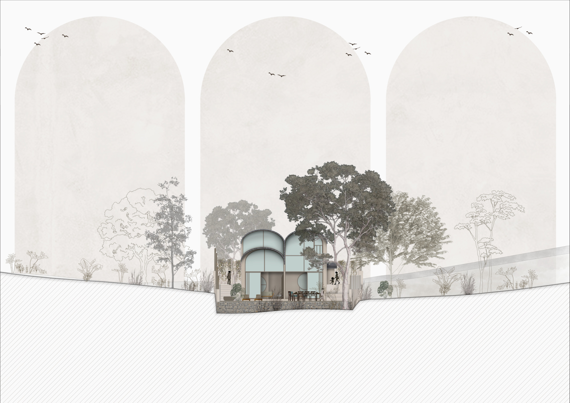 Section drawing showing the arched volumes beneath three vaulted openings with trees and birds in the sky