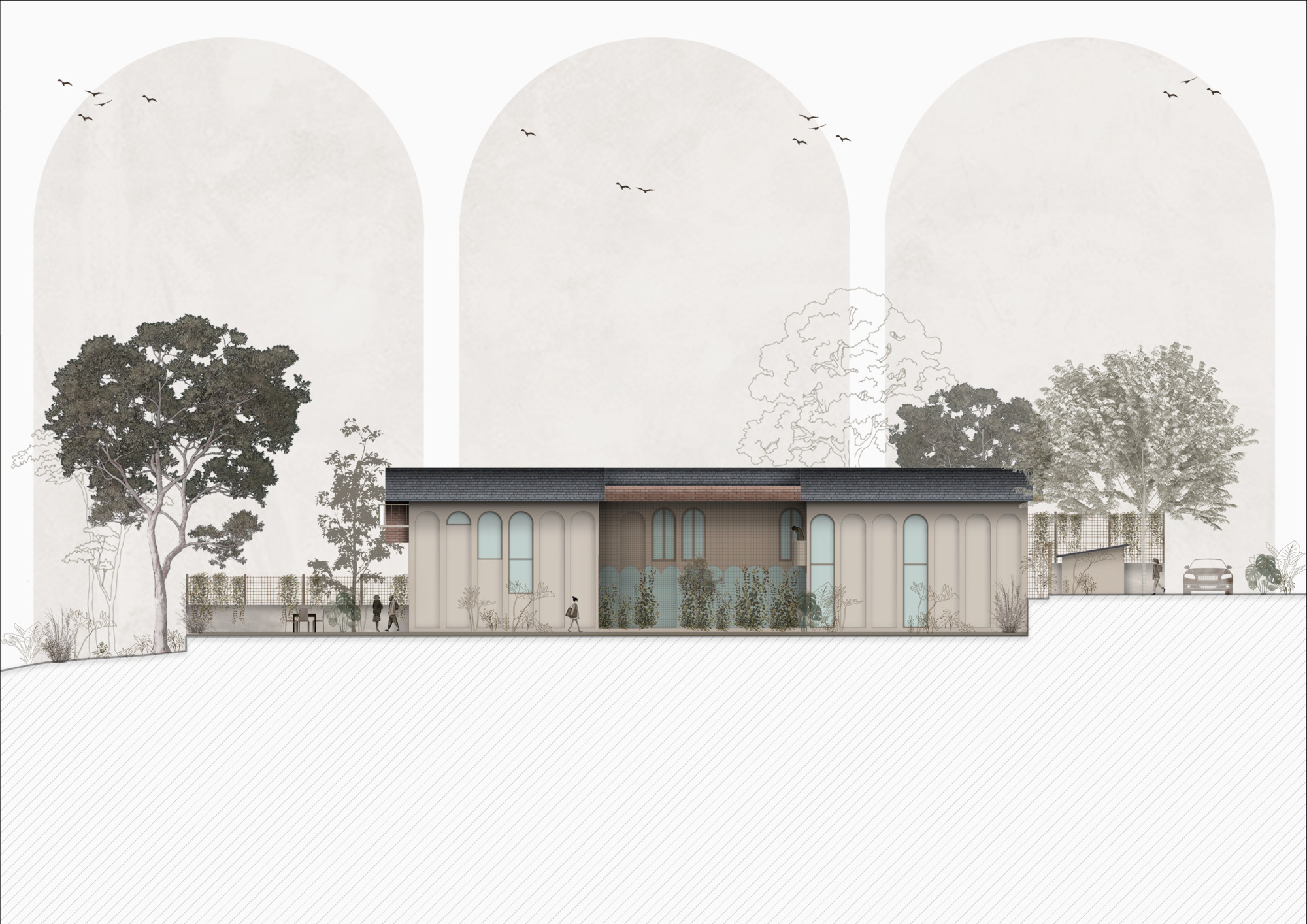 Elevation drawing showing a low volume with arched windows and figures beneath rendered trees and flying birds