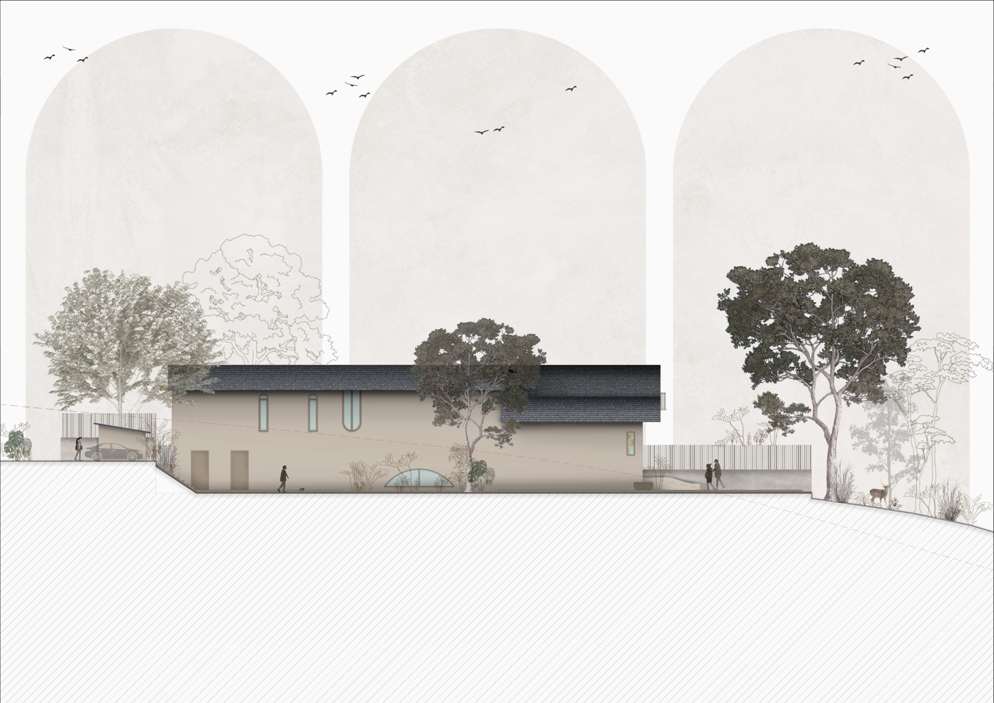 Elevation drawing of a cream-colored structure with dark roof beneath three large arched vignettes and trees