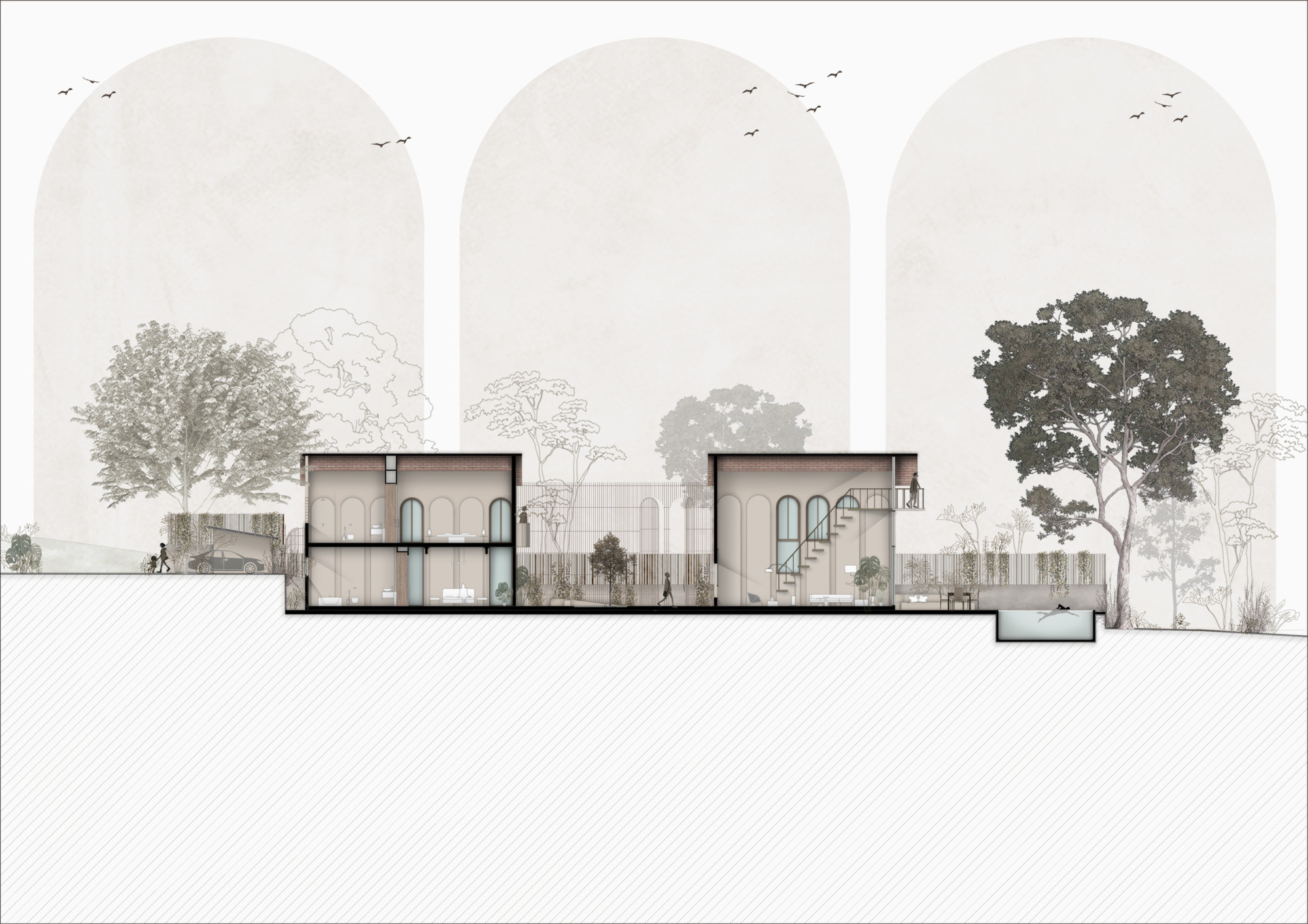 Section drawing revealing split-level interior spaces with arched windows and connecting courtyard between two volumes