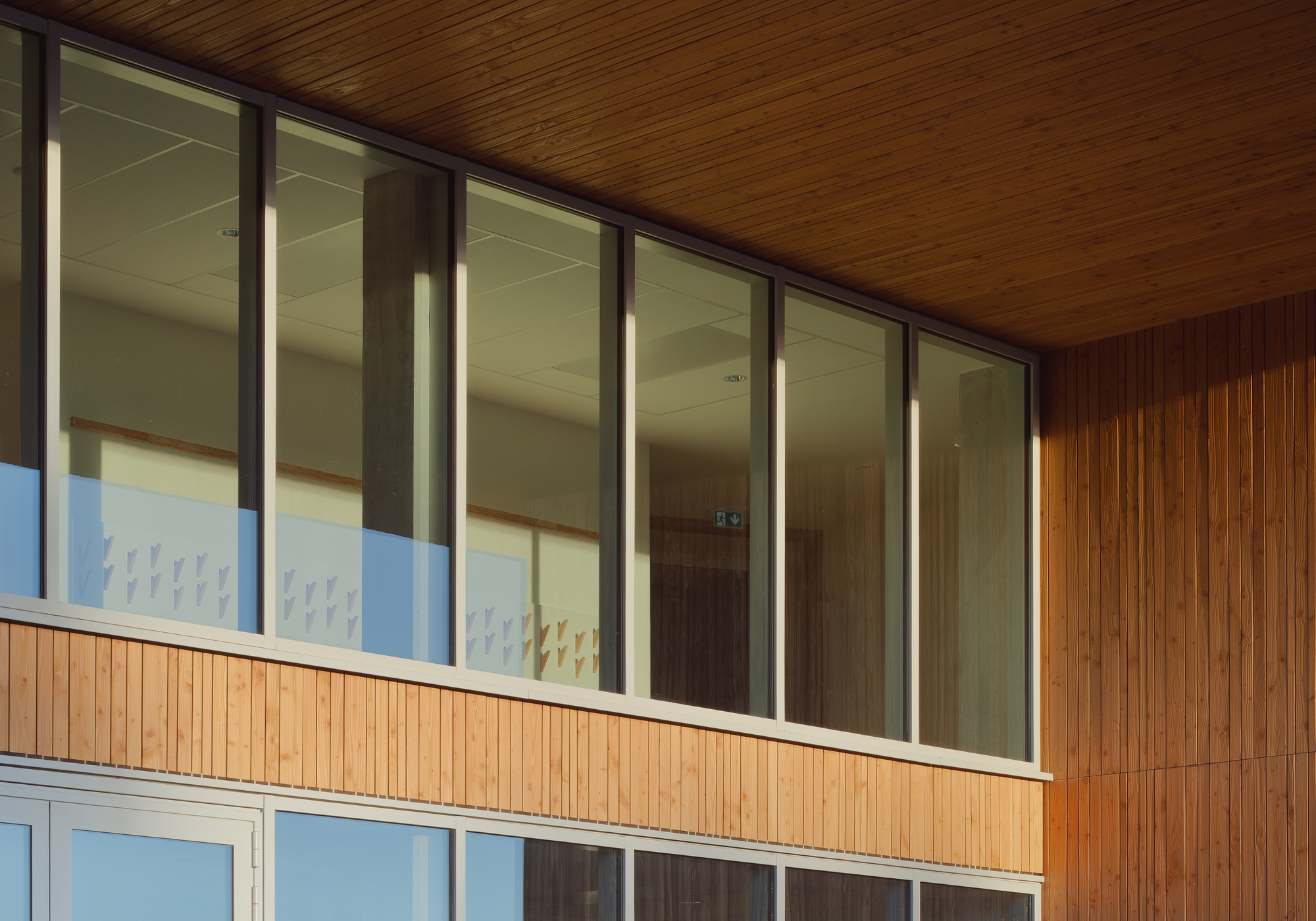 Exterior facade with vertical timber cladding and ribbon windows beneath soffit overhang