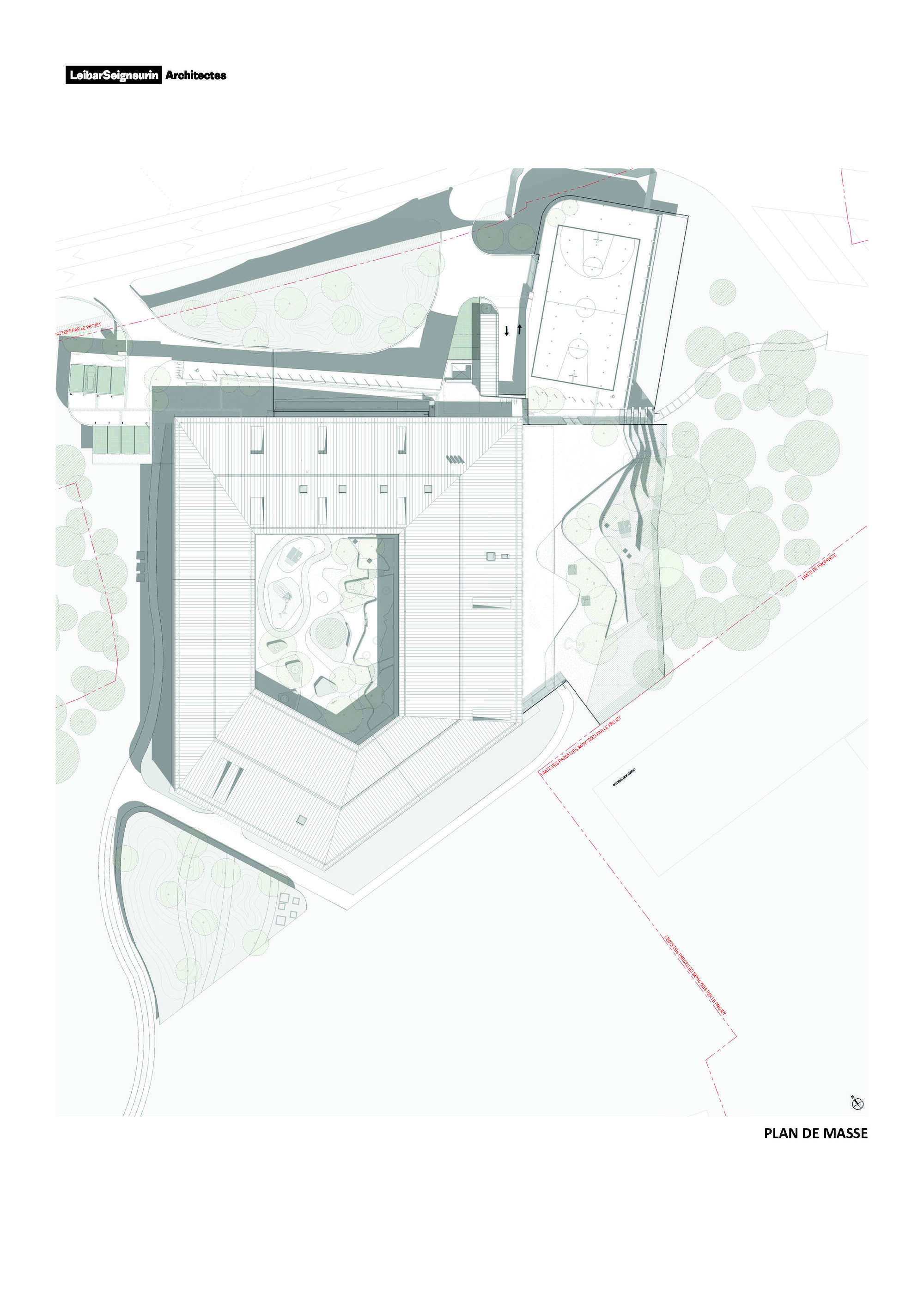Site plan drawing showing building footprints, courtyard spaces and surrounding landscape with trees
