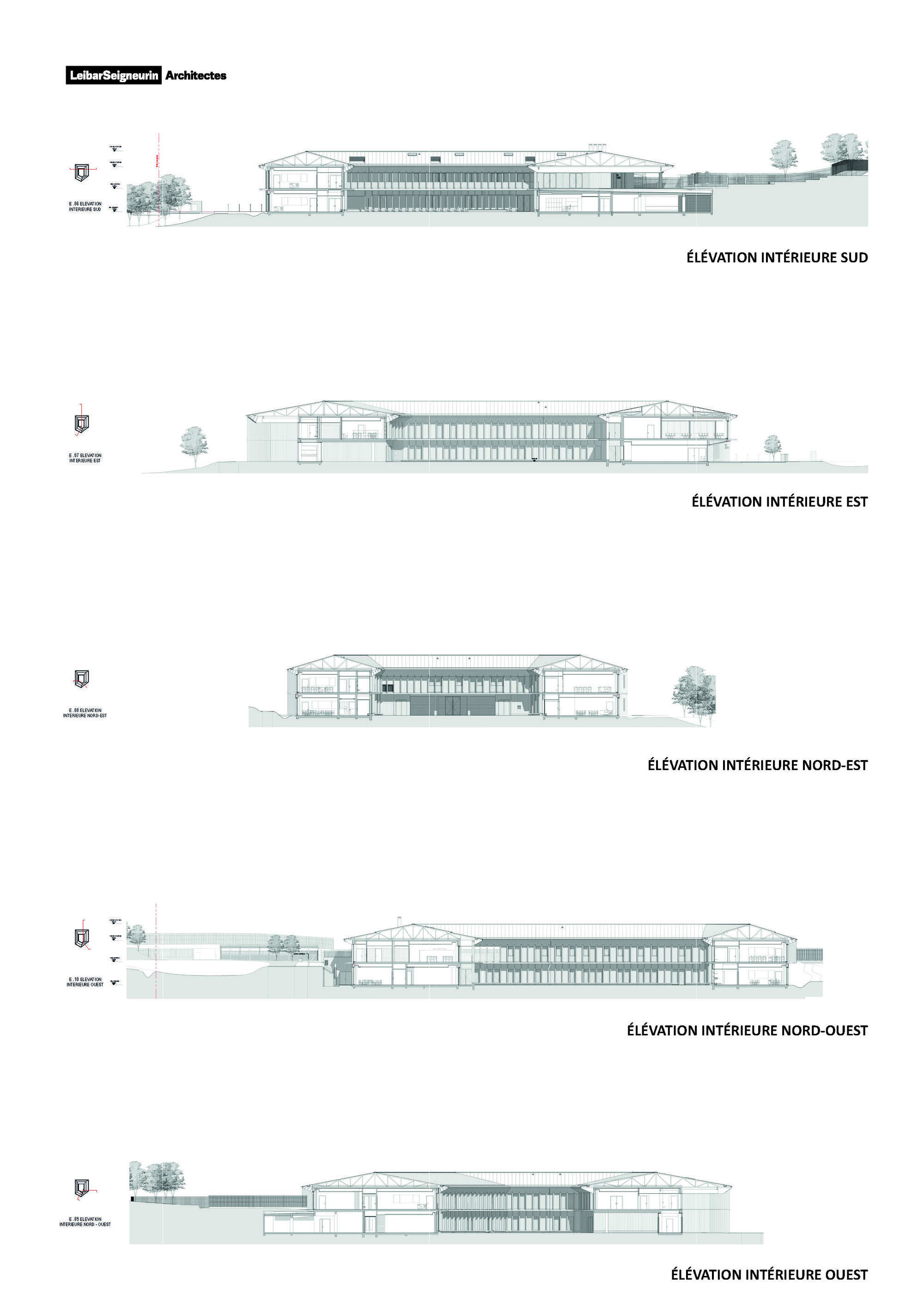 Interior elevation drawings showing the long horizontal building with exposed structural frames and central glazed section with flanking trees