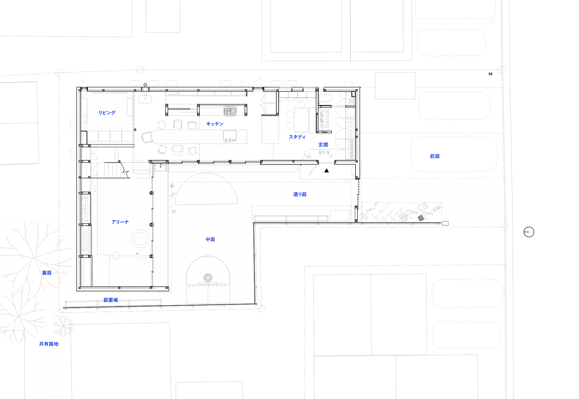 Ground floor plan showing living areas, kitchen, and courtyard with adjacent structures