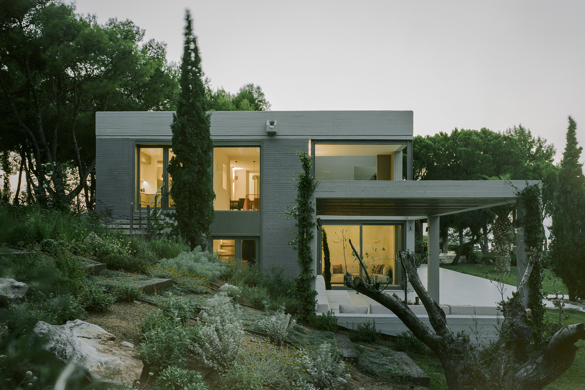 Evening view of illuminated grey brick volumes set into sloped terrain with native shrubs and trees