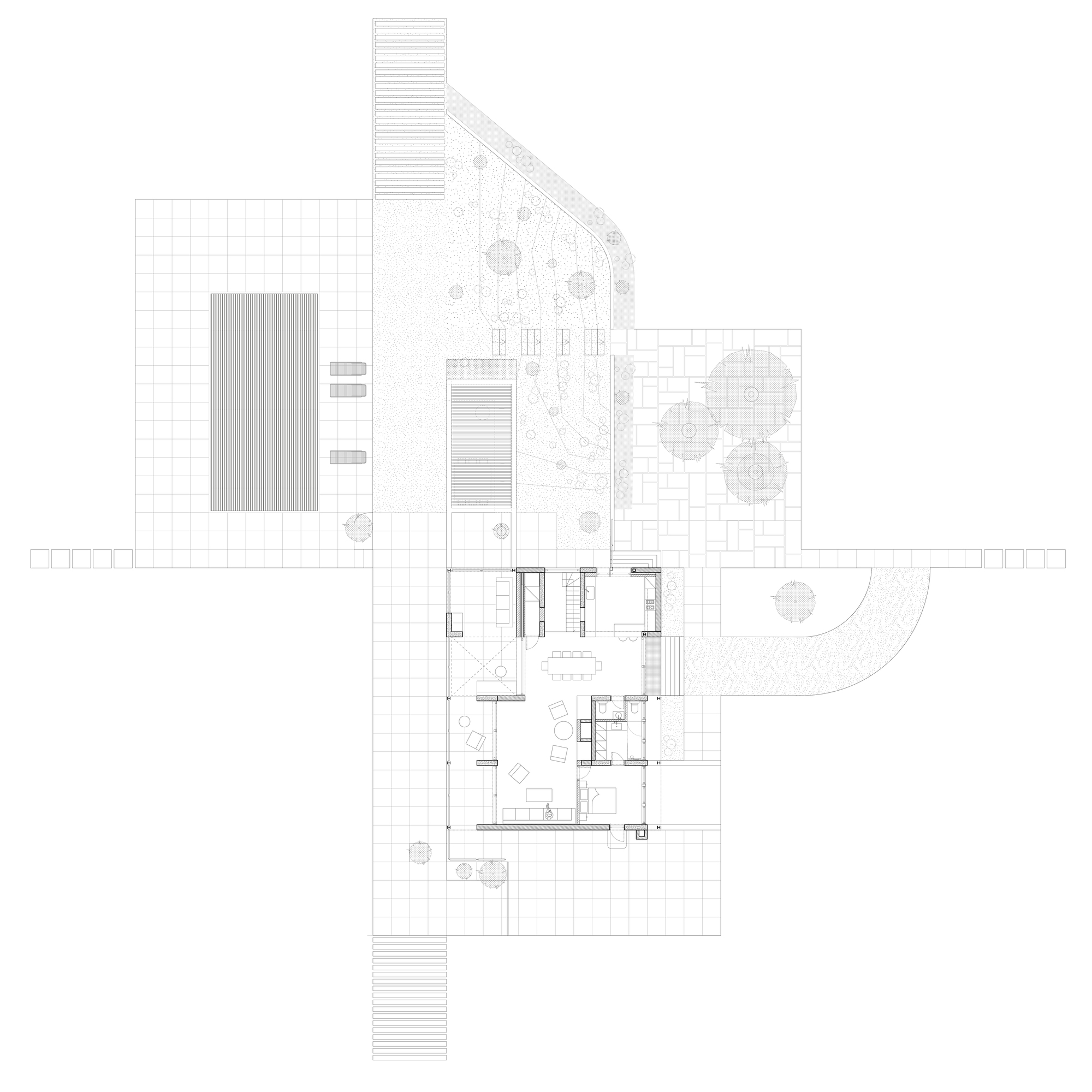 Floor plan drawing showing interior rooms, outdoor pool, and surrounding terraces with landscaping