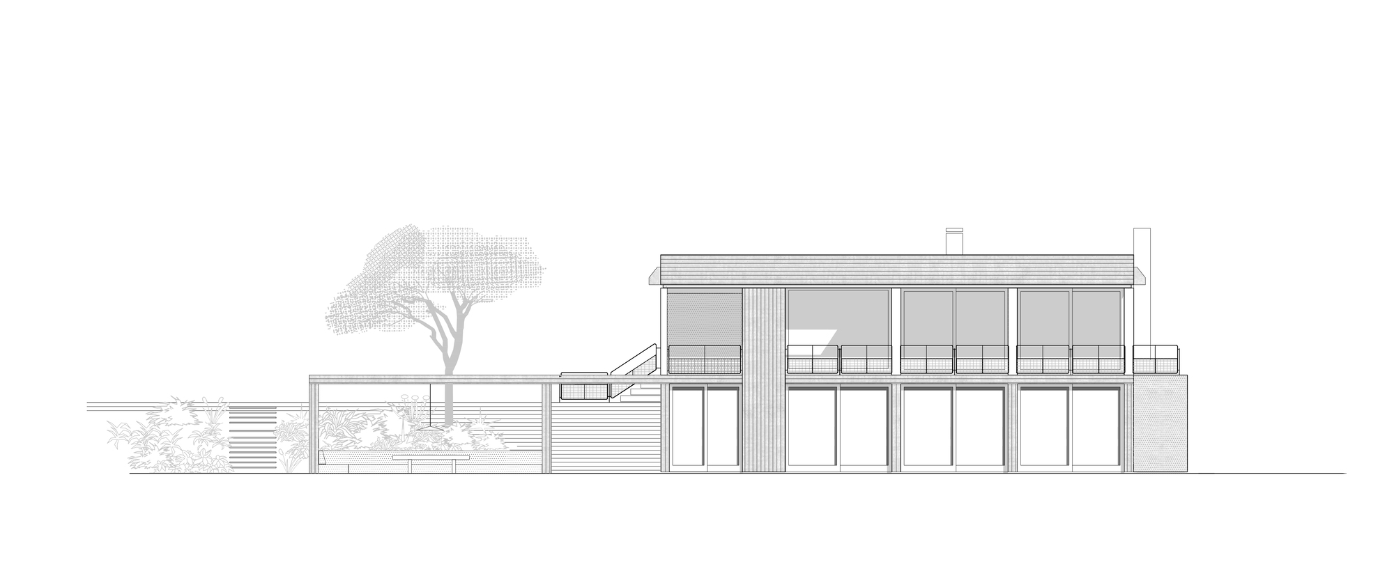 Elevation drawing showing two-story volume with horizontal louvers and adjacent tree