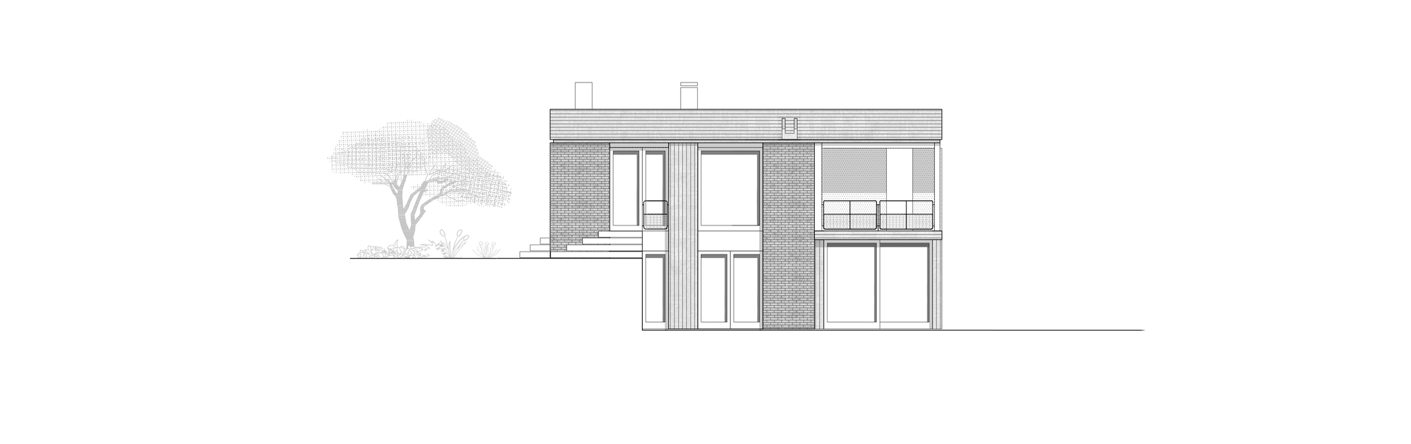 Elevation drawing depicting the two-story house with large glazed openings and balcony