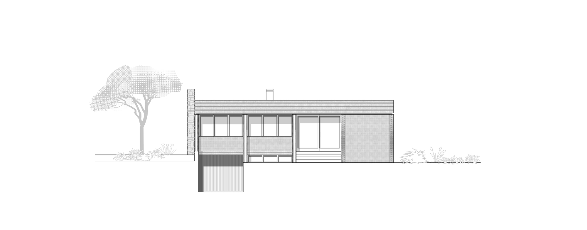 Elevation drawing showing single-story wing with horizontal window bands and flat roof