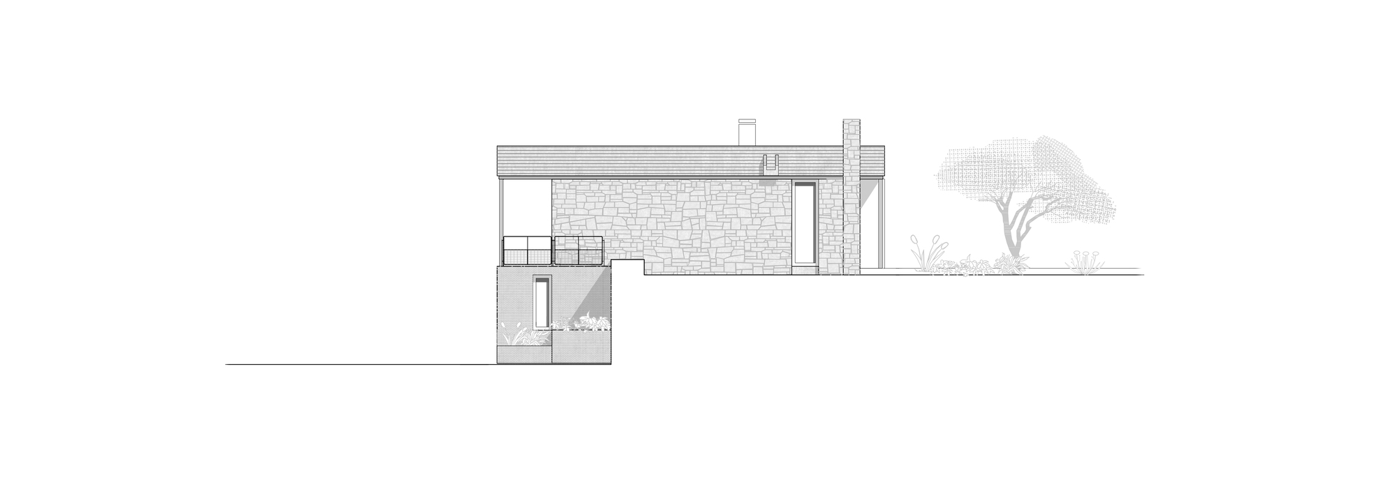 Elevation drawing showing stone wall facade with flat roof and adjacent tree