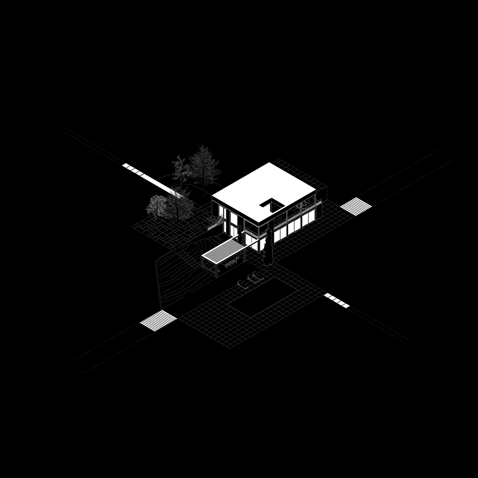 Axonometric drawing showing a two-story residence with flat roof, gridded site and illuminated path elements