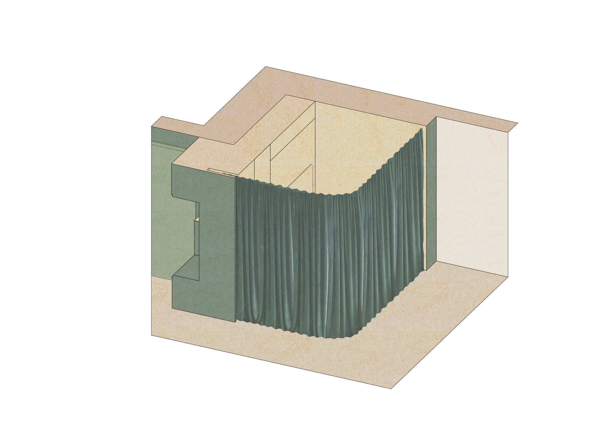 Axonometric drawing showing a curtained green enclosure within a neutral room volume