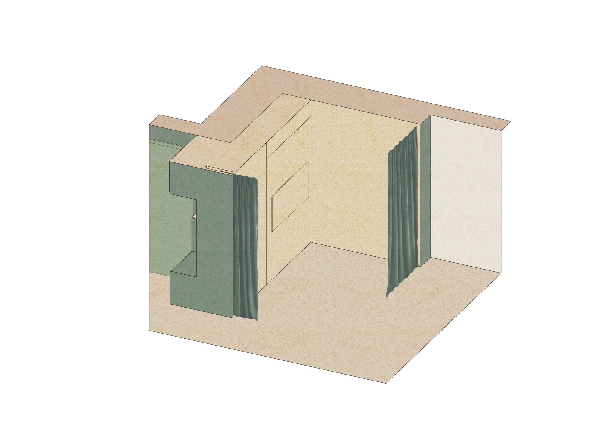 Axonometric drawing showing a compact room with pleated green panels and geometric openings in the ceiling