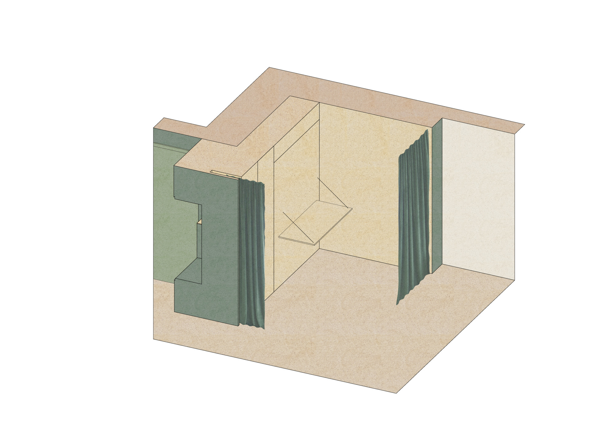 Axonometric drawing showing the same room with diagonal wall patterns and vertical pleated screens