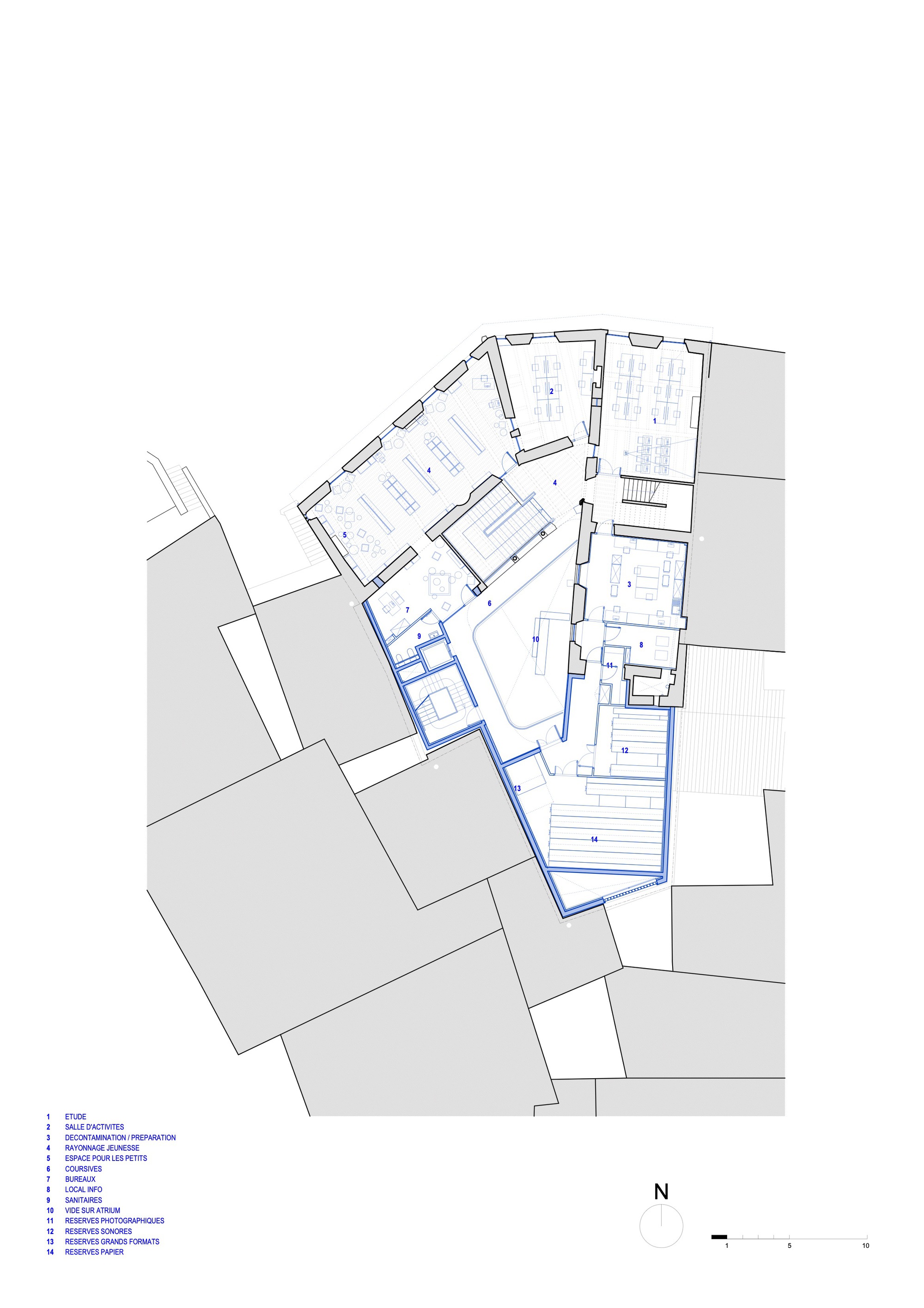 Floor plan drawing showing angled rooms and circulation within a curved building footprint