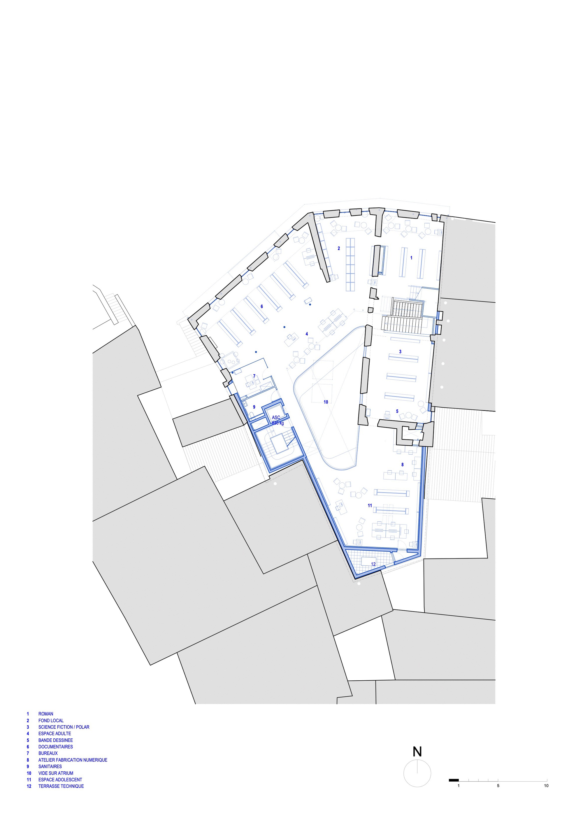 Floor plan drawing showing an open central hall with stair and surrounding service rooms