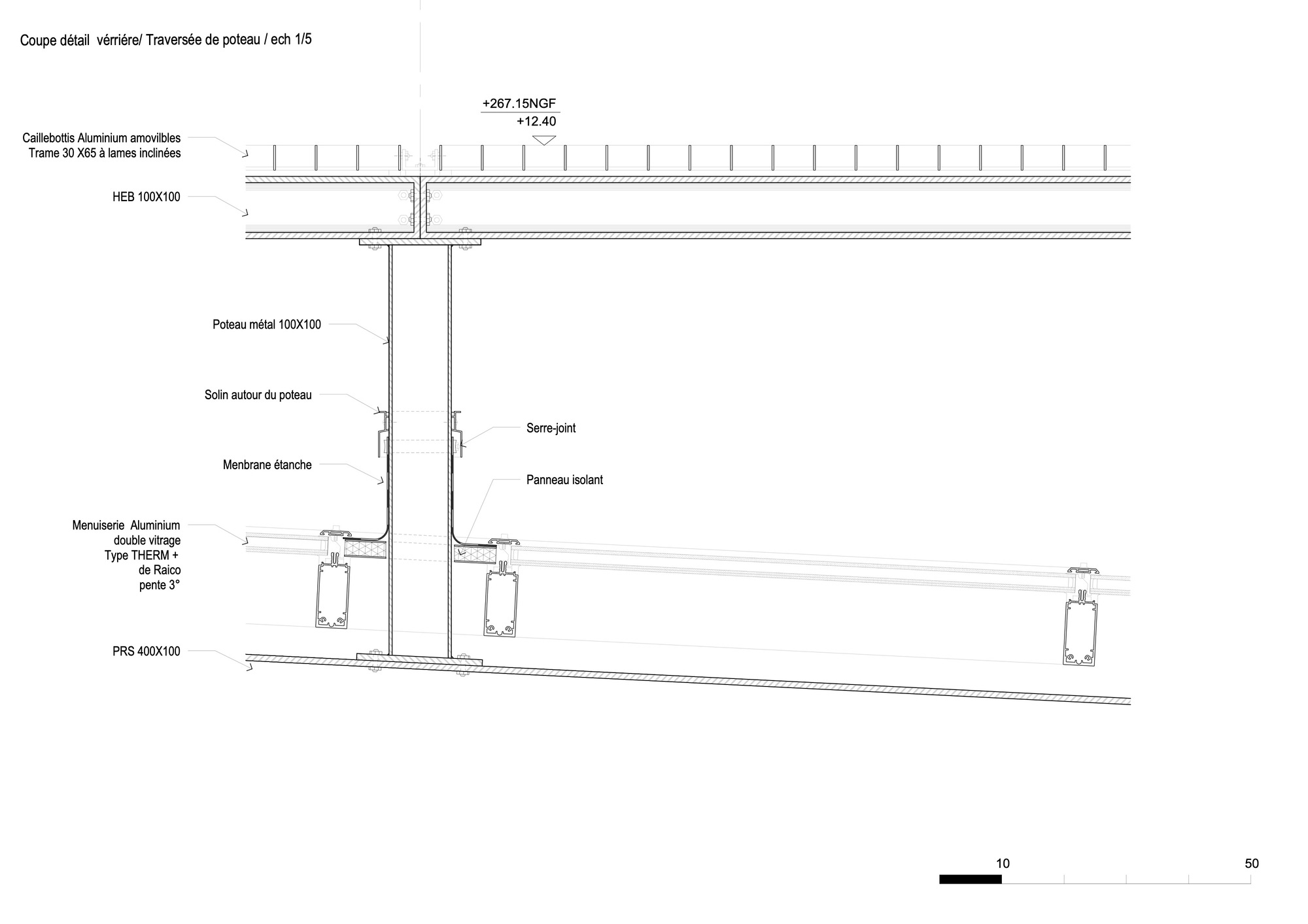 Detail section drawing showing steel beam connection to metal post with membrane and thermal insulation layers