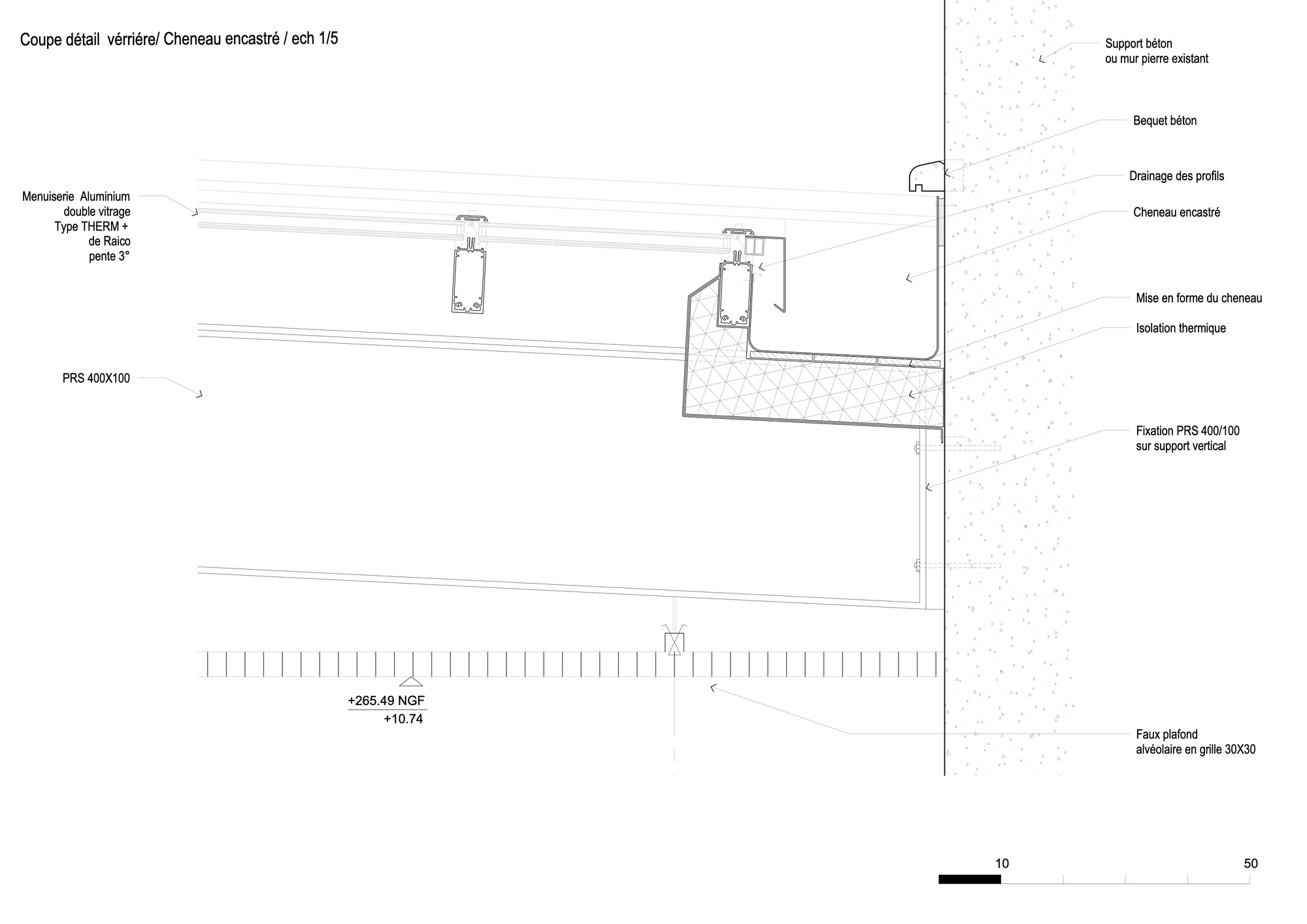 Detail section drawing illustrating embedded aluminum framing within concrete wall with thermal bridge and drainage