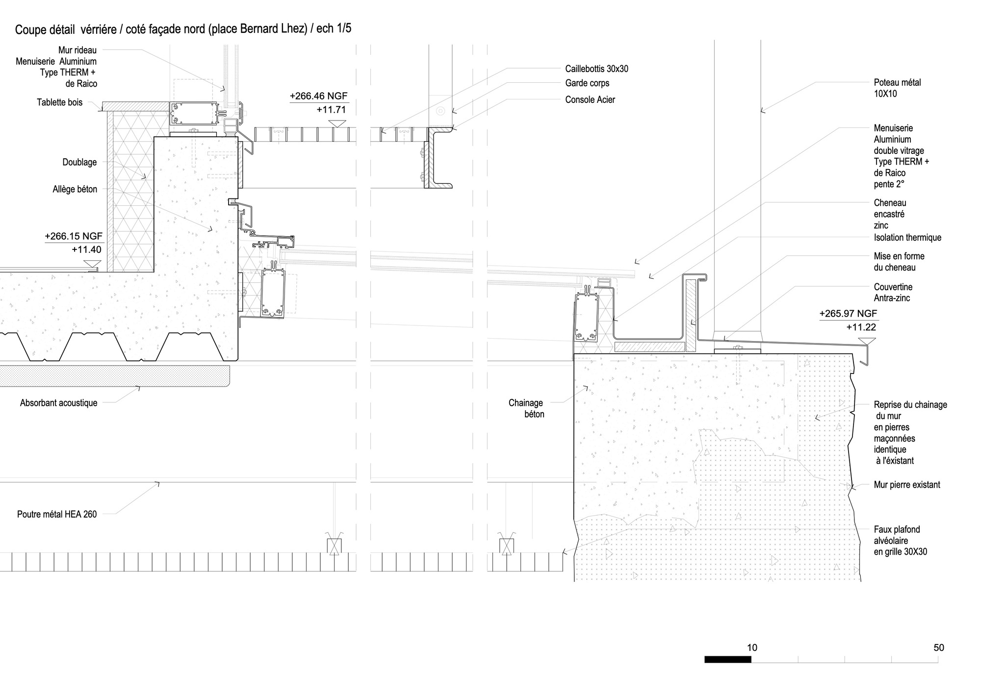 Detail section drawing of north facade showing aluminum cladding, insulation layers, and acoustic absorber at base