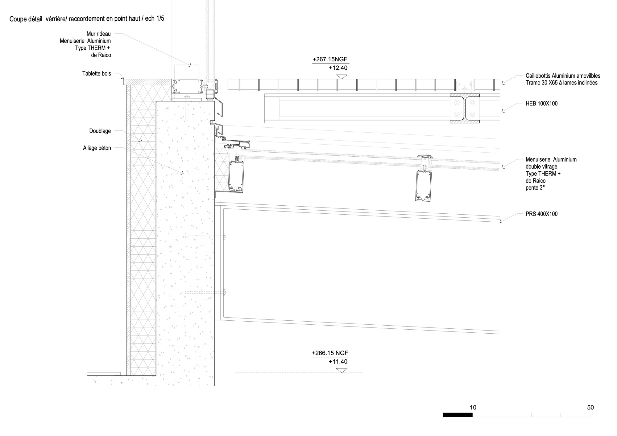 Section detail drawing showing the junction of aluminium cladding panels and roofing membrane with insulation layers