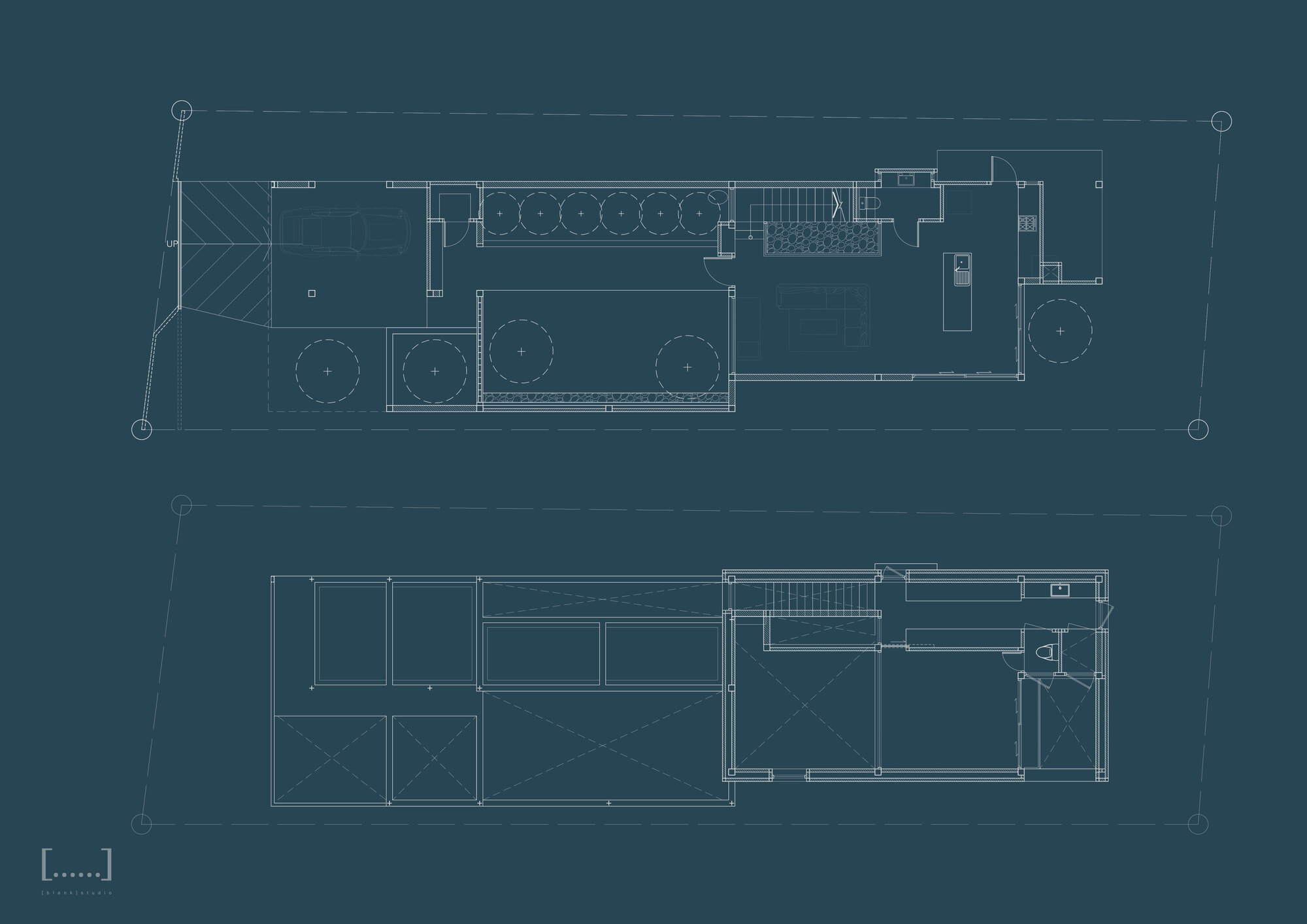 Elevation drawings showing street facade and longitudinal section through the residence