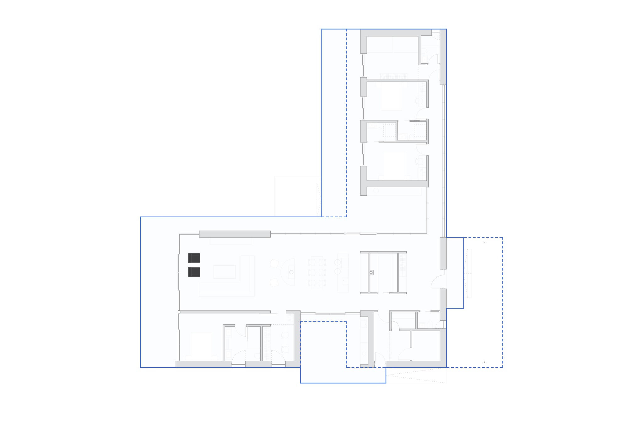 Floor plan drawing depicting the layout with central living zone connecting perpendicular bedroom and service wings