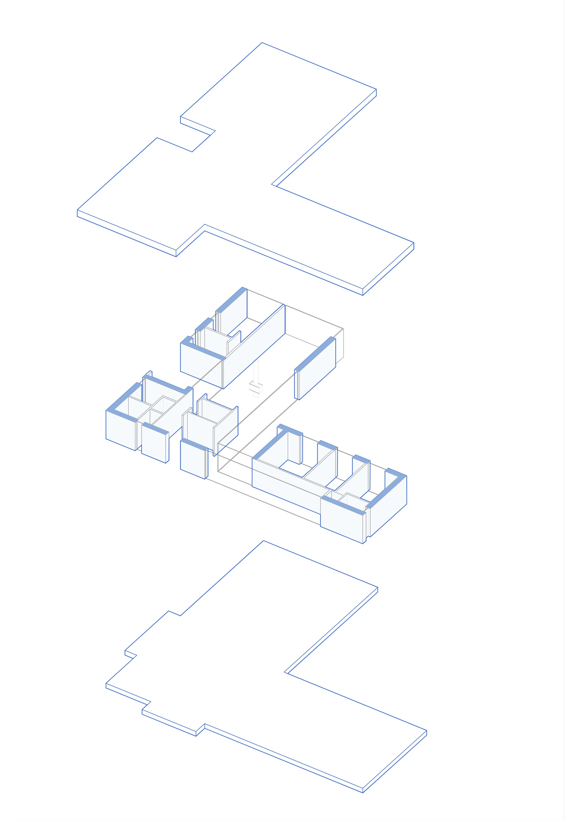 Exploded axonometric drawing showing three floor plates separated from a central level with interior room divisions