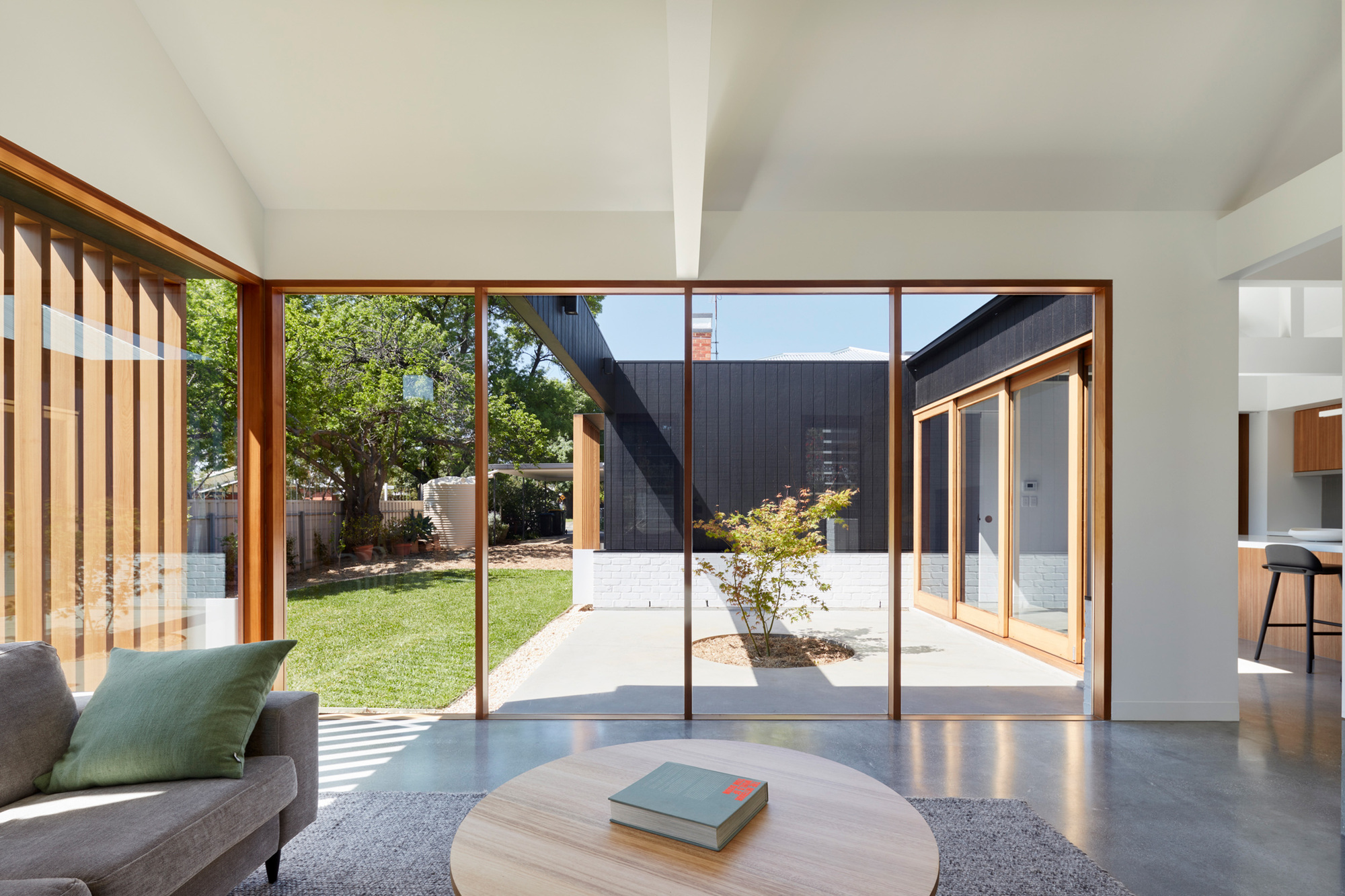 Interior living space with full-height timber-framed glazing opening to courtyard lawn and young tree