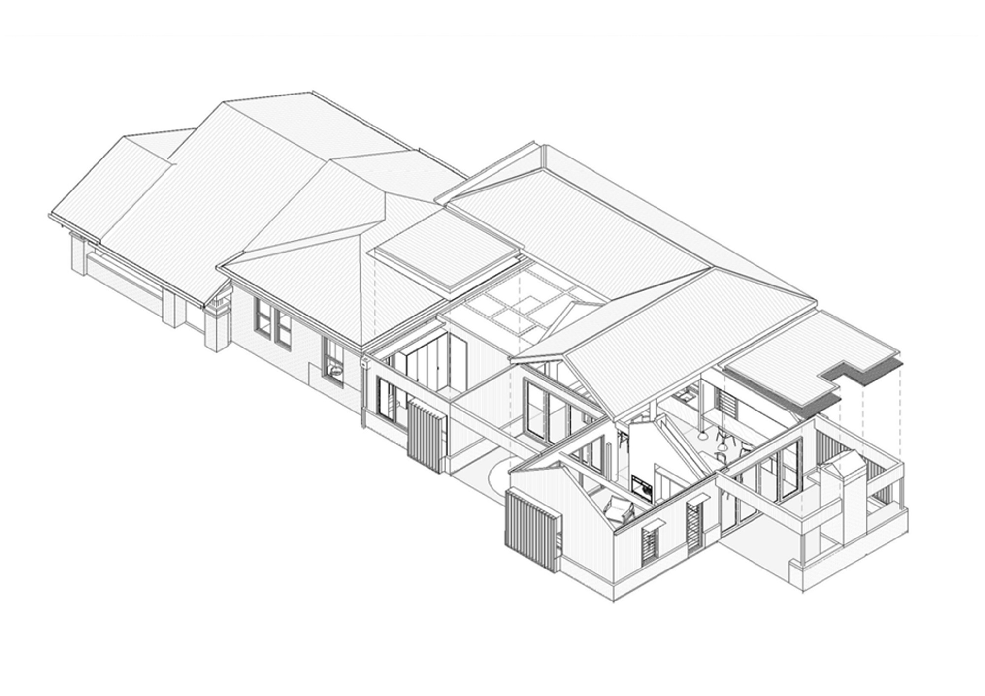 Axonometric cutaway drawing revealing interior rooms and gabled roof volumes