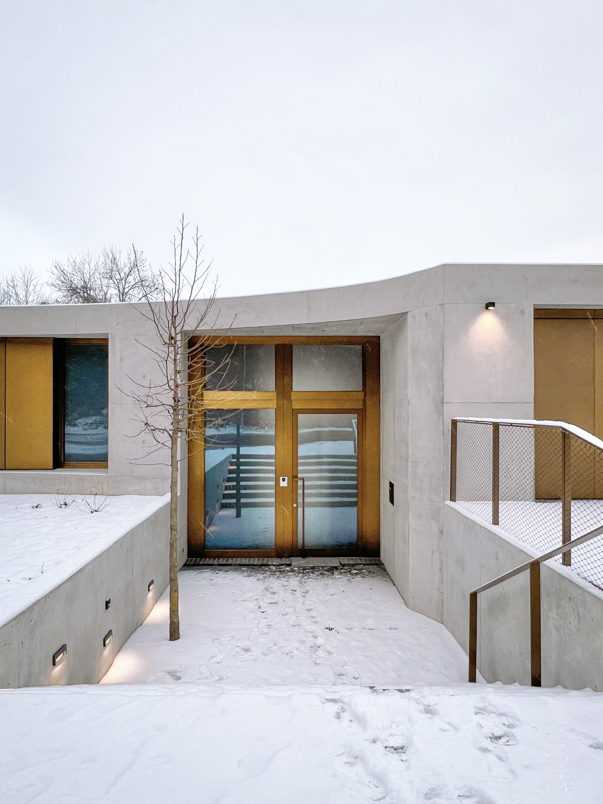 Concrete entrance with timber double doors and metal railing in fresh snow at dusk