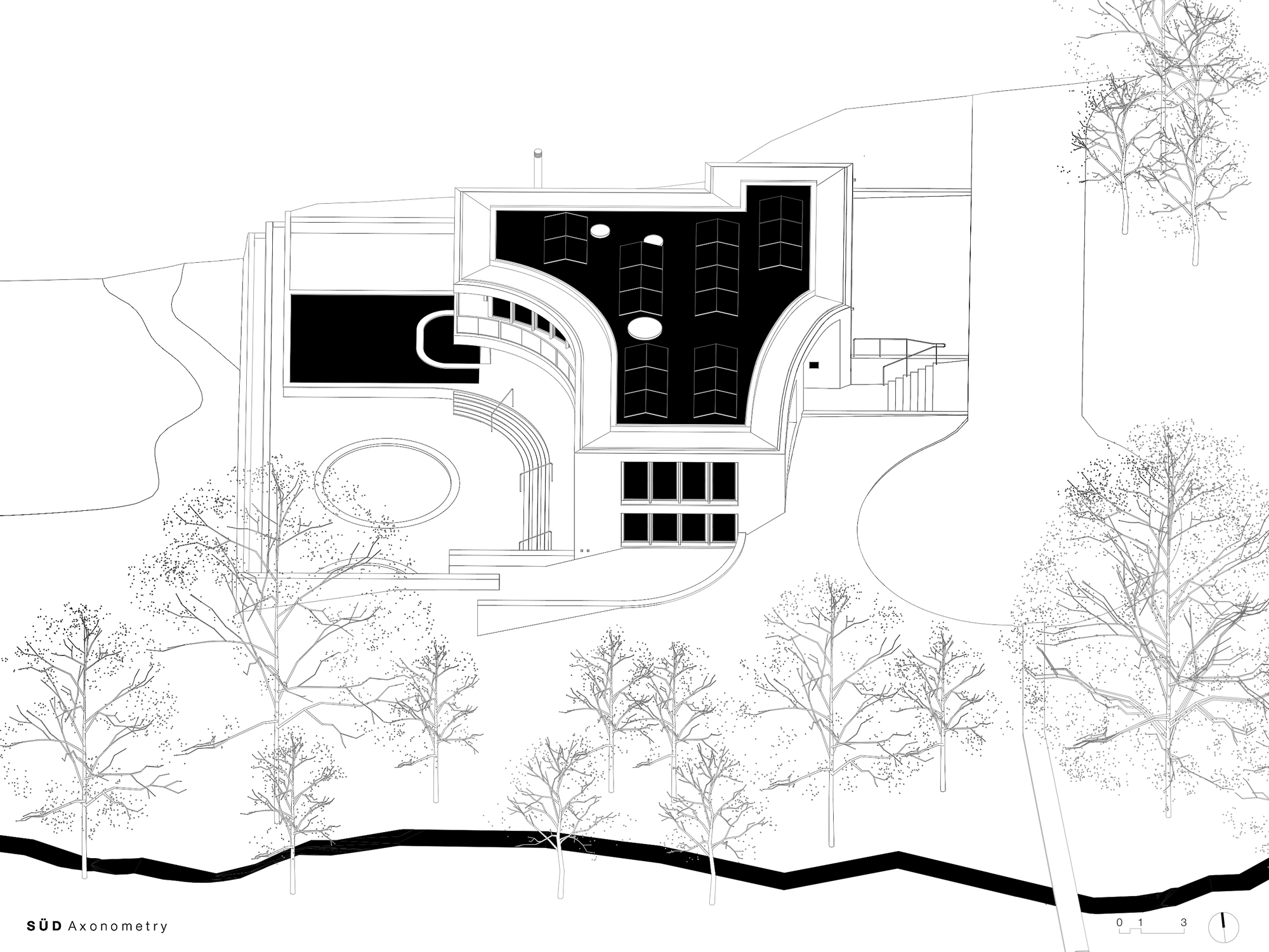 Axonometric drawing showing the curved form with interior spaces and surrounding trees on sloped terrain