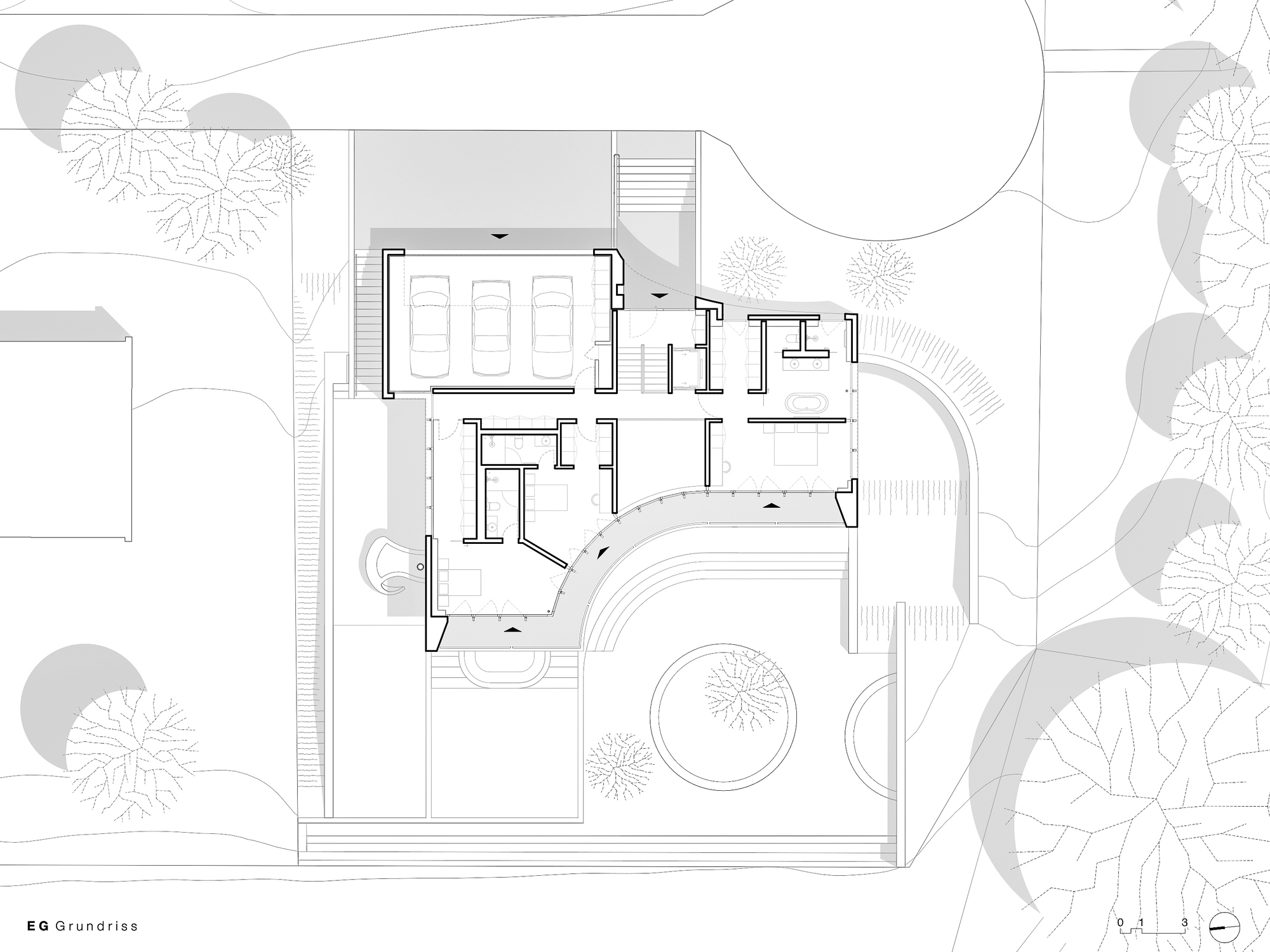 Ground floor plan drawing showing garage, entry, and curved outdoor pool with tree canopy above