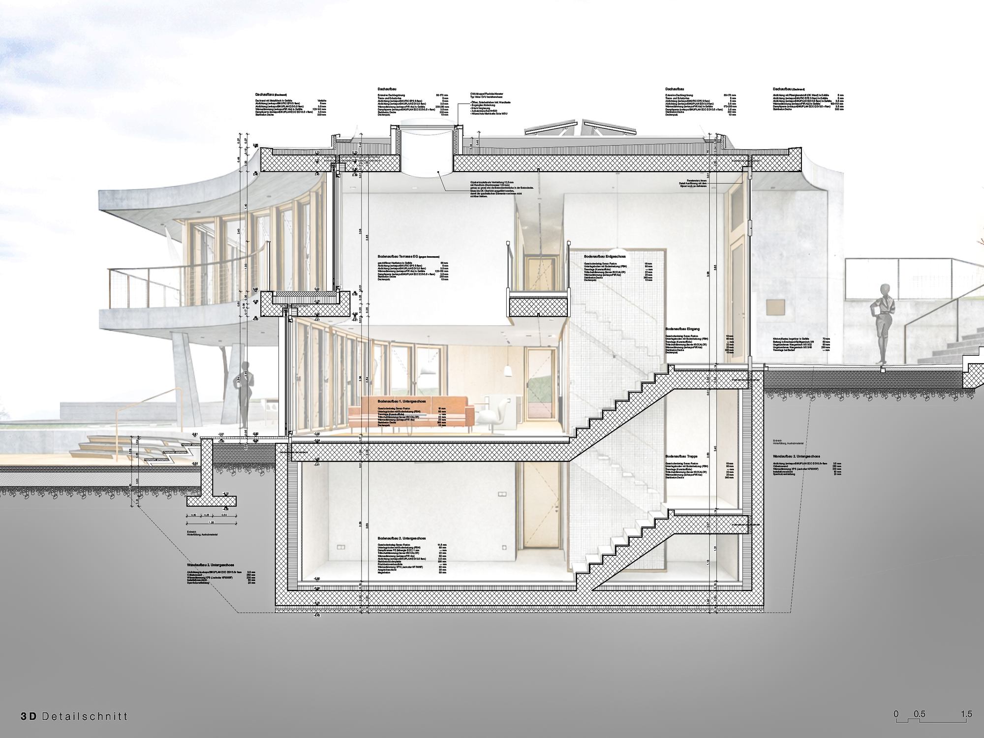 Section drawing revealing multi-level interior spaces with staircases and curved exterior canopy