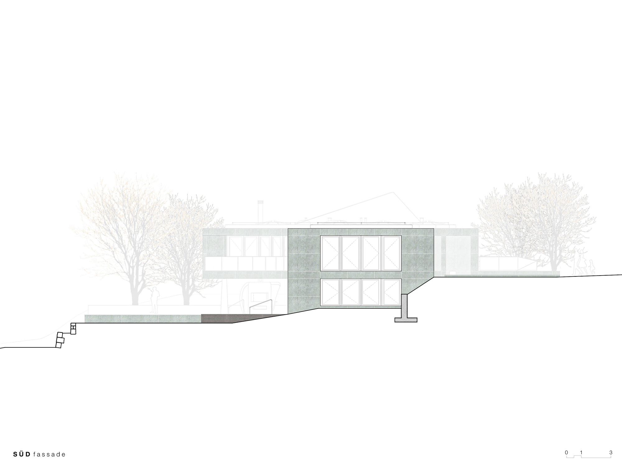 South elevation drawing showing the two-story facade with glass panels and bare winter trees
