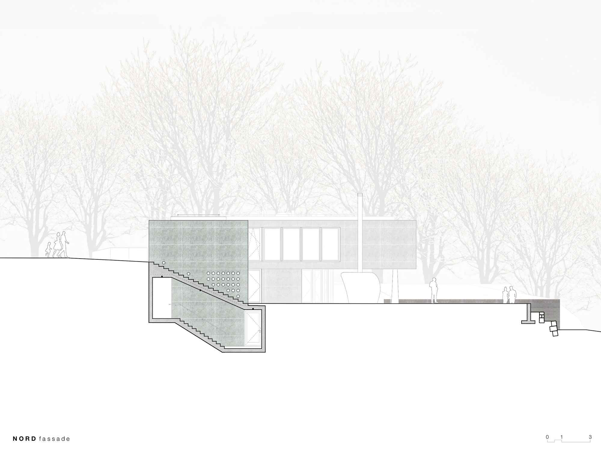 North elevation drawing depicting the sloping site with exterior staircase and deciduous trees
